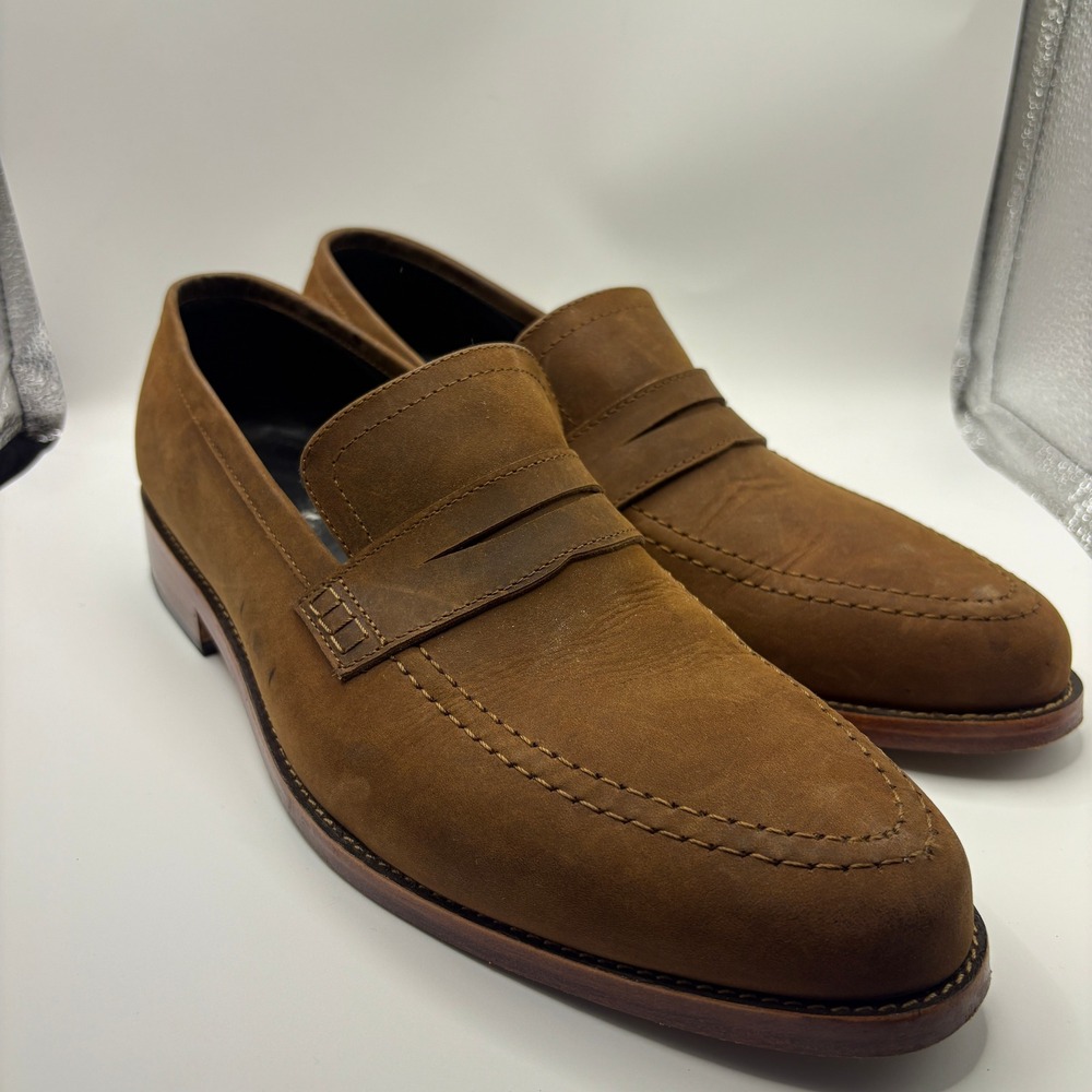Nisolo Alejandro Penny Loafers Mens 10.5 Tobacco Brown Nubuck Leather Shoes